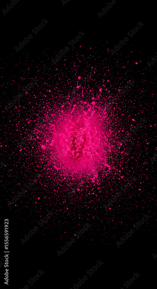 Poster pink paint splash on black background, creating a dynamic and vibrant explosion effect, symbolizing 