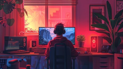 Cozy gamer room at sunset