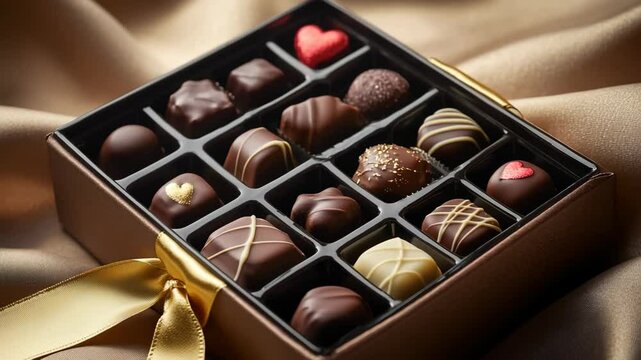 A box of assorted chocolates with various shapes and designs. The chocolates are arranged neatly in a dark box with a golden ribbon. The background is soft and elegant.