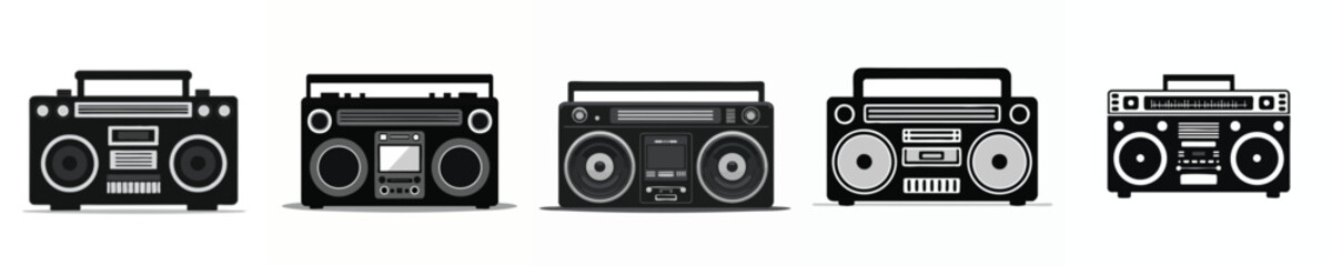 Black Retro Boombox Vector Set – Classic Vintage Radio Collection