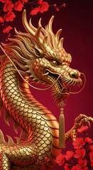Golden dragon statue detail, scaly texture, ornate design, red background, plum blossoms, symbolizing power, luck, prosperity, Chinese culture