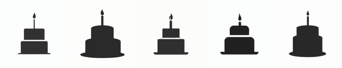 Simple Birthday Cake Silhouettes – Black Vector Icons with Candle