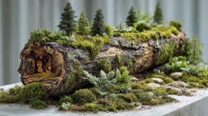 Miniature forest grows on a hollow log, including tiny trees and moss, sitting on a gray platform in bright light showcasing lush, intricate details