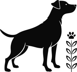 Dog Silhouette with Paw Print and Leaves Vector