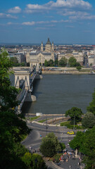 Aerial view of the Chain Bridge over the Danube River in Budapest with St. Stephen's Basilica and surrounding cityscape in the background.