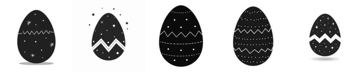 Easter Egg Icon Collection in Black and White – Decorative Zigzag and Star Patterns