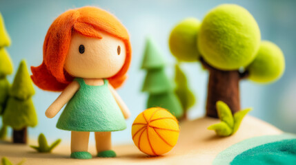 Obraz premium Felted 3D illustration of doll with orange hair playing vibrant basketball on a playful landscape with green trees and a serene blue pond. For children books or baby showers or birthday.