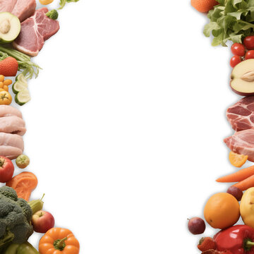 lots of meat, vegetables and fruits form the frame with white background