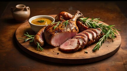 Roasted Chicken, Duck, and Quail with Golden Highlights and Herb Garnish, for cookbooks, culinary tutorials, food photography portfolios, and advertisements for kitchenware or specialty meat products