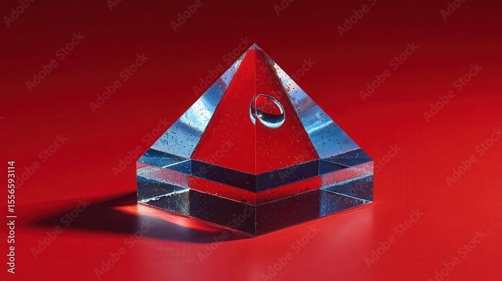 Poster crystal pyramid with water droplet rests on a vibrant red surface, casting a distinct shadow, illumi