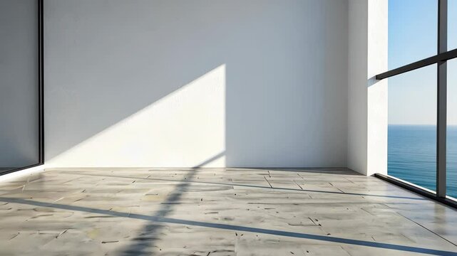 Minimalist Interior with a View: An empty room with a window overlooking the ocean. Capturing the sense of calm and tranquility with natural lighting and a spacious atmosphere.
