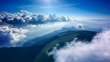 Celestial vista: An ethereal display of towering cumulus clouds graces the blue sky, gently embracing the peaks and valleys of a distant mountain range. Capturing the pure beauty - Powered by Adobe