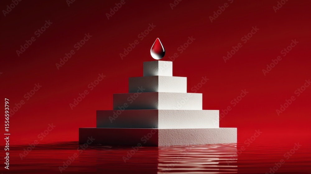 Poster crystal pyramid with water droplet rests on a vibrant red surface, casting a distinct shadow, illumi