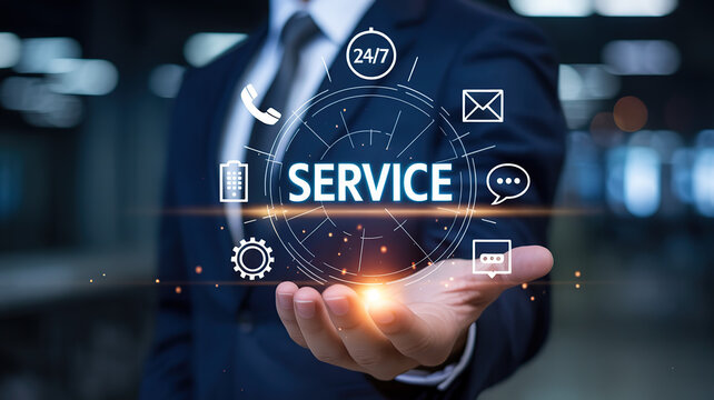 Businessman holding a digital interface representing customer service and communication channels - Powered by Adobe