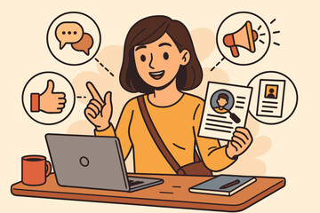 Job search and recruitment concept. Woman candidate presents her CV and professional skills. Vector for career development, self promotion, personal branding, and hiring success.