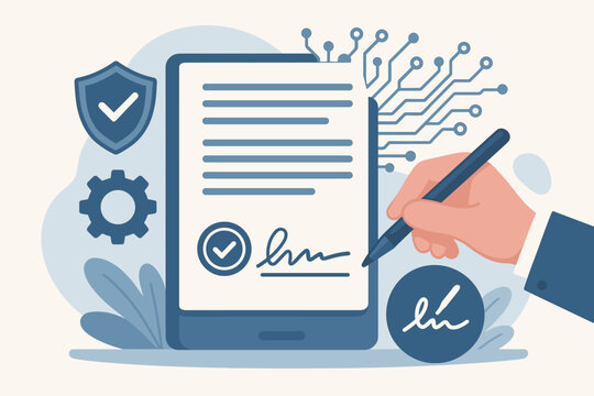 Electronic signature and smart contract technology concept. Hand signing a secure digital document on a tablet. Online agreement, data protection, and validation with checkmark.