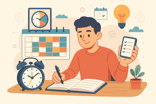 Man planning daily schedule with the time blocking method. Effective time management and organization concept. Productivity, work efficiency, checklist, calendar and deadline vector illustration.