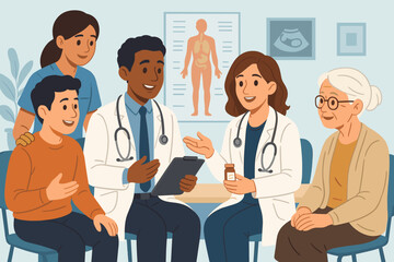 Diverse patients receiving personalized healthcare consultation from medical team. Doctors, nurse, family, elderly woman in clinic discussing diagnosis, treatment, prescription. Vector illustration