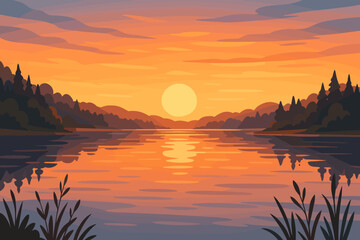 Idyllic sunset landscape over tranquil lake with vibrant orange sky, calm water reflections, pine forest silhouette, peaceful nature scene, vector illustration, serene evening wilderness view