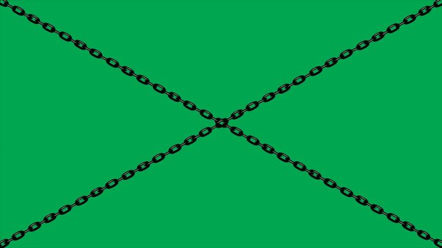 Crossed black chain barrier in out animation in the center on green screen. 4K animated for motion graphics, security, overlays, and video editing.