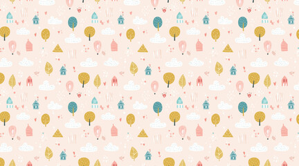 Cute Whimsical Village Seamless Pattern