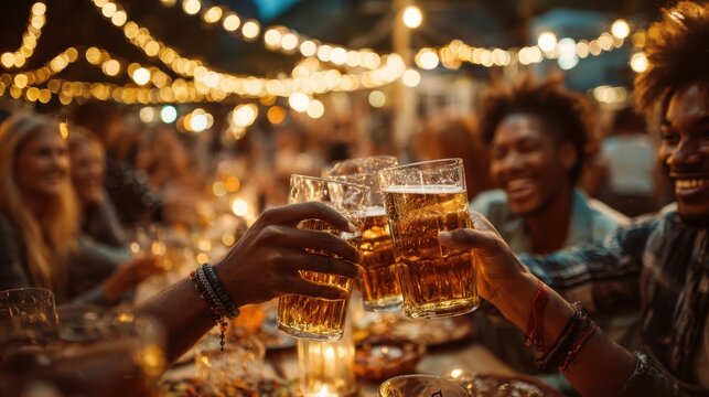 Group of friends toasts with beer at lively outdoor dinner party under string lights - Powered by Adobe