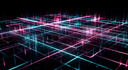 Abstract Digital Grid Neon Lines and Futuristic Network