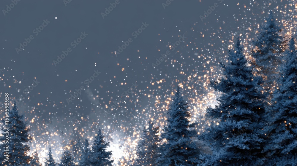 Poster winter wonderland perspective of bare tree branches and falling snow at night with shimmering light