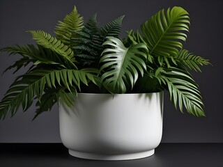 green palm tree with different leaves in a white pot with soft light 