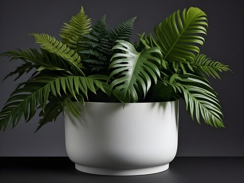 green palm tree with different leaves in a white pot with soft light 