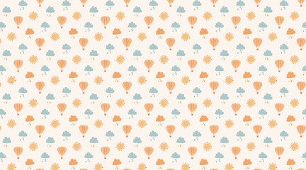 Watercolor Hot Air Balloon and Sun Seamless Pattern