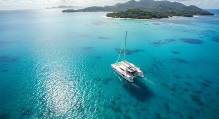Naklejka premium Aerial View of Yacht in Turquoise Tropical Ocean