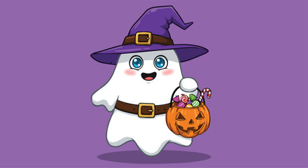 Cute Halloween Ghost with Witch Hat and Pumpkin Candy Bucket Vector Illustration