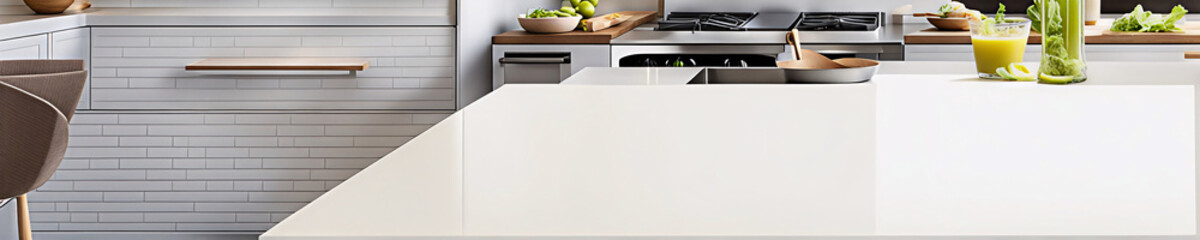 Elegant Culinary Space: An inviting kitchen interior, designed with minimalist aesthetics, features sleek countertops and contemporary fixtures.