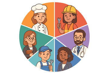 Workforce diversity and labor market concept. Pie chart infographic with cartoon characters of different occupations. Job statistics for doctor, chef, engineer, mechanic. Vector.