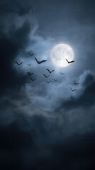 A full moon illuminates a dark sky filled with flying bats. The scene captures a spooky atmosphere, perfect for Halloween.