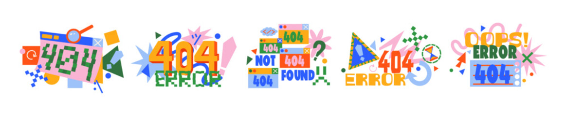 404 error icons in retro cartoon style. Geometric memphis interface elements: warning signs, broken symbols, text messages, question marks, pixel windows, arrows, crosses. Website error