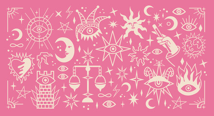 Mystic symbols in retro cartoon style. Esoteric objects: all-seeing eyes, moons, hands, stars. Magic shapes for fortune telling and tarot scene. Illustration in retro cartoon style, funky, doodle.