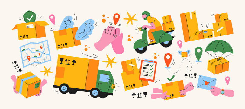 Delivery stickers. Food delivery, labels, tags, stickers, stamps, packaging with marking. Cool hipster stickers in 90s style. Vector set, trandy promo cartoon labels