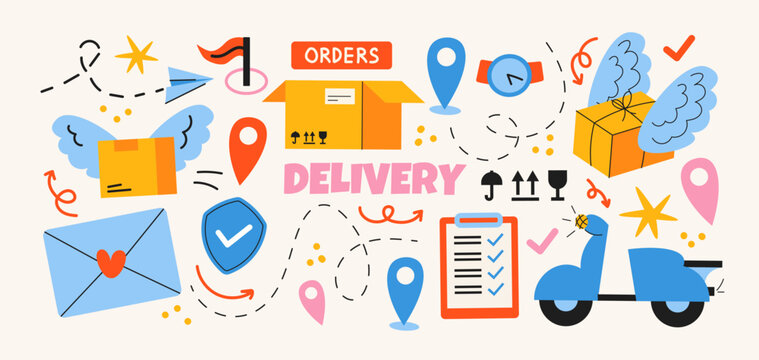 Delivery stickers. Food delivery, labels, tags, stickers, stamps, packaging with marking. Cool hipster stickers in 90s style. Vector set, trandy promo cartoon labels