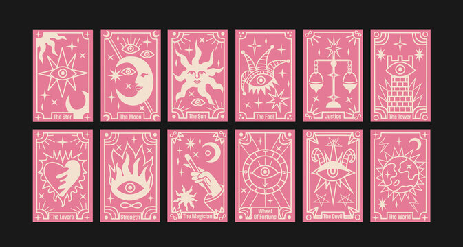 Major Arcana tarot cards in retro cartoon style. Mystical posters with symbolic characters: The Sun, The Moon, The Star, The Tower, The Fool. Fortune telling scene. Illustration in retro cartoon style