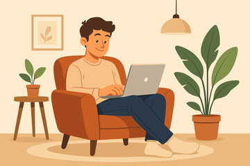 Young man relaxing in cozy armchair with laptop, working from home in modern living room interior, surrounded by houseplants, warm lighting, casual lifestyle, remote work, vector illustration