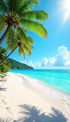 Sun-Drenched Beach Paradise Turquoise Waters, Swaying Palms, and Glistening White Sand ? Perfect for Travel and Vacation Imagery
