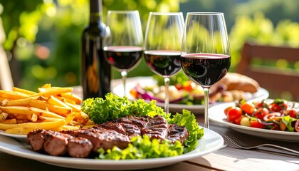 Grilled steak, wine, and fries outdoors