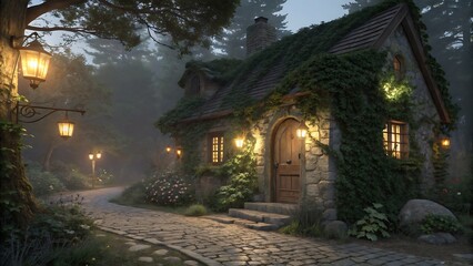 A stone cottage in a forest with a cobblestone path and glowing lanterns at twilight time