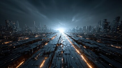 Abstract technology background featuring central illuminated translucent cube on circuit board surface with surrounding dark geometric shapes