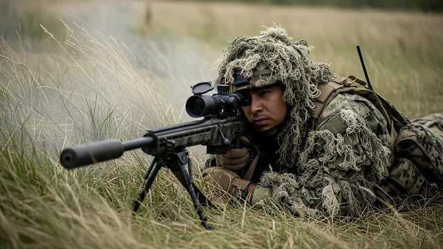 Camouflaged Sniper Takes Aim in Grassy Field