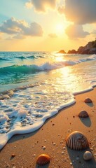 Golden hour sunlight bathes a tranquil seashore scene, waves gently lapping the sandy shore, seashells scattered nearby Perfect for summer vacation themes , vibrant, element, holiday