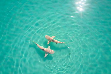 Aerial View: Two Whitetip Reef Sharks Swimming in Turquoise Tropical Water, Sunny Day
