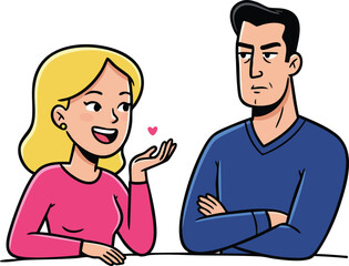 Fototapeta premium Couple having conversation with woman smiling and man looking serious in casual clothing vector illustration